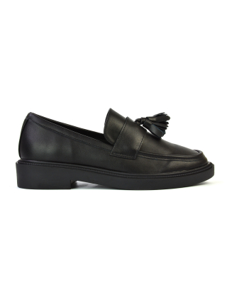 Alida Chunky Loafers Tassel Back To School Flat Shoes in Black Synthetic Leather