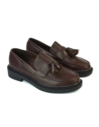 Alida Chunky Loafers Tassel Back To School Flat Shoes in Brown Synthetic Leather