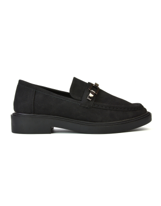 Dakoa Gold Chain Detail Back to School Shoes Chunky Loafers in Black Faux Suede