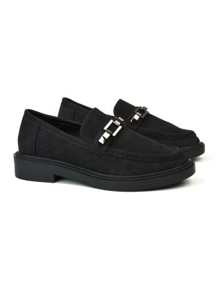 Dakoa Gold Chain Detail Back to School Shoes Chunky Loafers in Black Faux Suede