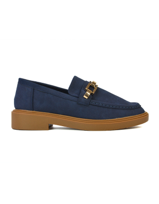Dakoa Gold Chain Detail Back to School Shoes Chunky Loafers in Navy Faux Suede