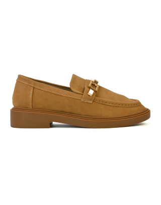 Dakoa Gold Chain Detail Back to School Shoes Chunky Loafers in Tan Faux Suede