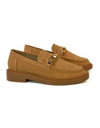 Dakoa Gold Chain Detail Back to School Shoes Chunky Loafers in Tan Faux Suede