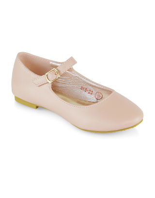 Connie Kids Strappy Buckle Detail Flat Ballerina Bridal Pump Wedding Shoes In Pink