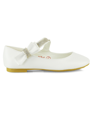 Lilo Kids Flat Bow Detail Diamante Embellished Detail Front Strap Wedding Ballerina Pump Shoes In White