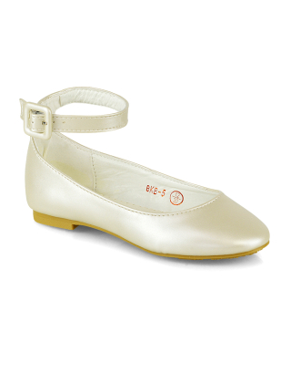 Milo Kids Ankle Strap Buckle up Flat Heel Ballerina Pumps Wedding Bridal Shoes in Ivory