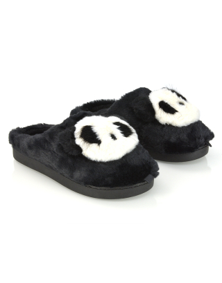 Maddie Fluffy Faux Fur Closed Toe Slip on Flat Panda Slipper Slides in Black 