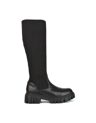 black boots, black long boots, black sock boots