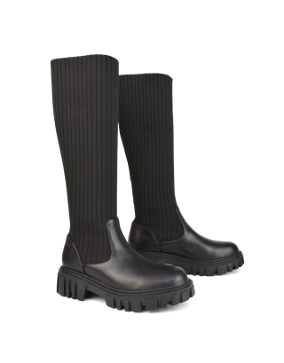 black boots, black long boots, black sock boots