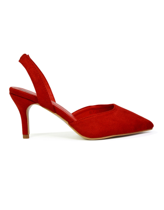 Imogen Pointed Toe Sling Back Stiletto Mid Heel Court Shoes in Red