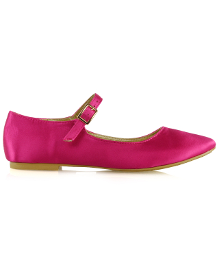 Nellie Ballerina Pump over the Foot Buckle up Strap Wedding Flat Bridal Shoes in Fuchsia Satin