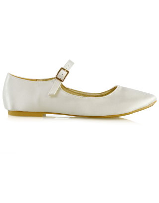 Nellie Ballerina Pump over the Foot Buckle up Strap Wedding Flat Bridal Shoes in Ivory Satin
