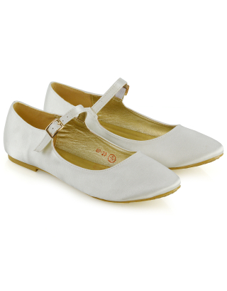 Nellie Ballerina Pump over the Foot Buckle up Strap Wedding Flat Bridal Shoes in Ivory Satin