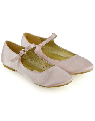 Nellie Ballerina Pump over the Foot Buckle up Strap Wedding Flat Bridal Shoes in Pastel Pink Satin