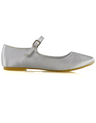 Nellie Ballerina Pump over the Foot Buckle up Strap Wedding Flat Bridal Shoes in Silver Satin