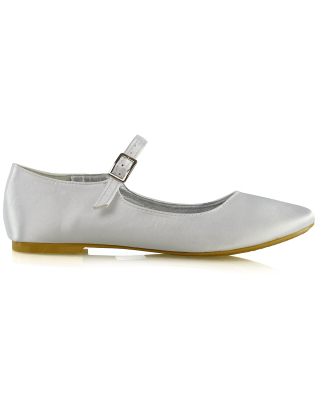 Nellie Ballerina Pump over the Foot Buckle up Strap Wedding Flat Bridal Shoes in White Satin