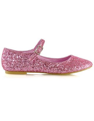 Amanda Buckle Up Strappy Ballerina Pump Flat Bridal Shoes In Pink Glitter