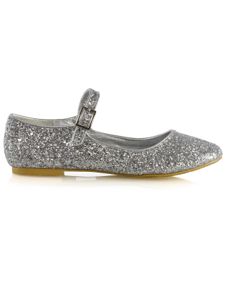 Amanda Buckle Up Strappy Ballerina Pump Flat Bridal Shoes In Silver Glitter
