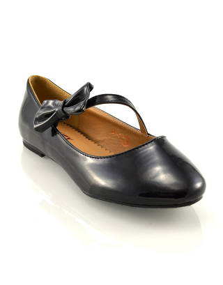 COLETTE FLAT LOW HEEL STRAPPY WITH BOW DETAILING BALLERINA PUMP SHOES IN BLACK PATENT