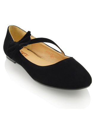 COLETTE FLAT LOW HEEL STRAPPY WITH BOW DETAILING BALLERINA PUMP SHOES IN BLACK FAUX SUEDE