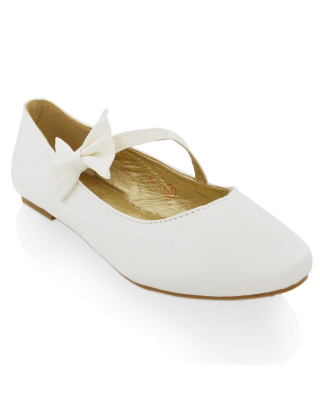 COLETTE FLAT LOW HEEL STRAPPY WITH BOW DETAILING BALLERINA PUMP SHOES IN IVORY SATIN