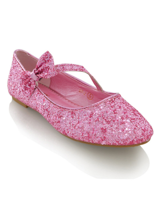 COLETTE FLAT LOW HEEL STRAPPY WITH BOW DETAILING BALLERINA PUMP SHOES IN PINK GLITTER