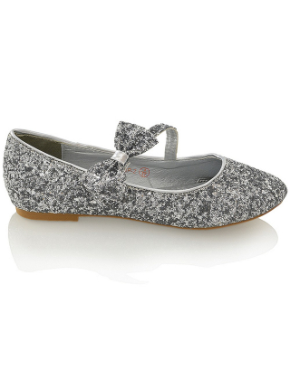 COLETTE FLAT LOW HEEL STRAPPY WITH BOW DETAILING BALLERINA PUMP SHOES IN SILVER GLITTER