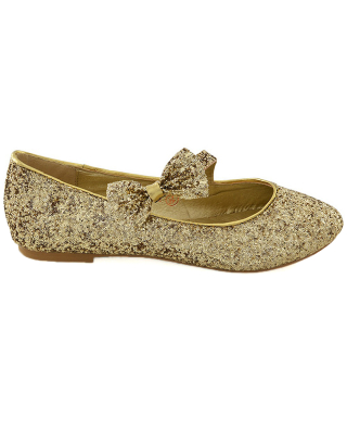 COLETTE FLAT LOW HEEL STRAPPY WITH BOW DETAILING BALLERINA PUMP SHOES IN GOLD GLITTER