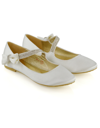 Poppy-Faye Embellished Bow Detail Diamante Strap Wedding Pumps Flat Bridal Shoes in Ivory Satin