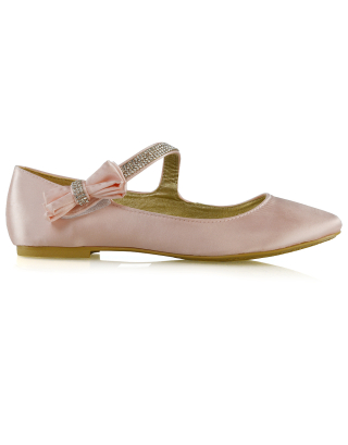 Poppy-Faye Embellished Bow Detail Diamante Strap Wedding Pumps Flat Bridal Shoes in Pastel Pink Satin