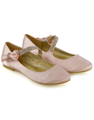 Poppy-Faye Embellished Bow Detail Diamante Strap Wedding Pumps Flat Bridal Shoes in Pastel Pink Satin
