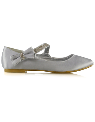 Poppy-Faye Embellished Bow Detail Diamante Strap Wedding Pumps Flat Bridal Shoes in Silver Satin