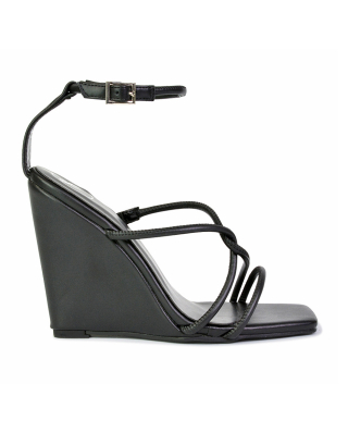 Danica Strappy Cross Over Square Toe Wedge High Heel Summer Sandals in Black