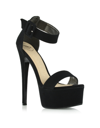 Yasmine Platform Ankle Strap Stiletto High Heel Sandals in Black Faux Suede