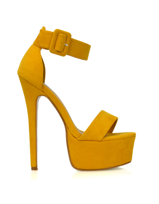 Yasmine Platform Ankle Strap Stiletto High Heel Sandals in Mustard Faux Suede