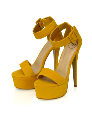 Yasmine Platform Ankle Strap Stiletto High Heel Sandals in Mustard Faux Suede