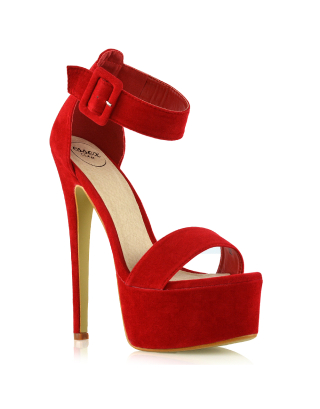 Yasmine Platform Ankle Strap Stiletto High Heel Sandals in Red Faux Suede