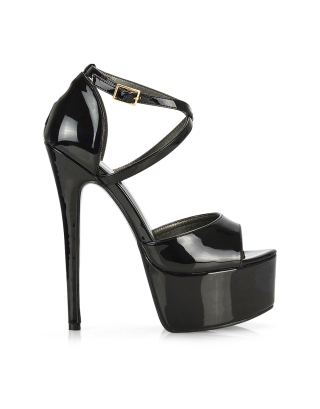 Suzanna Strappy Platform Stiletto Peep Toe High Heels Sandals in Black Patent