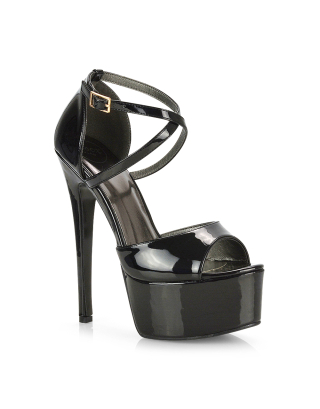 Suzanna Strappy Platform Stiletto Peep Toe High Heels Sandals in Black Patent