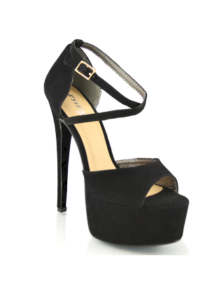 Suzanna Cross Over Strappy Platform Stiletto Peep Toe Super High Heels Sandals in Black Faux Suede