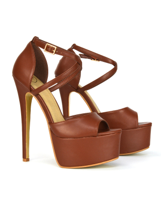 Suzanna Cross Over Strappy Platform Stiletto Peep Toe Super High Heels Sandals in Brown Synthetic Leather