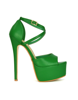 Suzanna Cross Over Strappy Platform Stiletto Peep Toe Super High Heels Sandals in Green Synthetic Leather