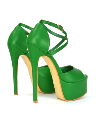 Suzanna Cross Over Strappy Platform Stiletto Peep Toe Super High Heels Sandals in Green Synthetic Leather