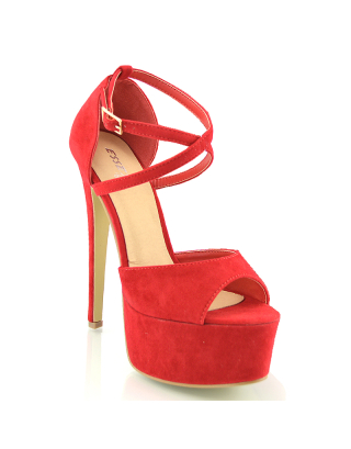 Suzanna Cross Over Strappy Platform Stiletto Peep Toe Super High Heels Sandals in Red faux Suede