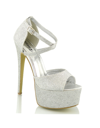 Suzanna Cross Over Strappy Platform Stiletto Peep Toe Super High Heels Sandals in Silver Glitter