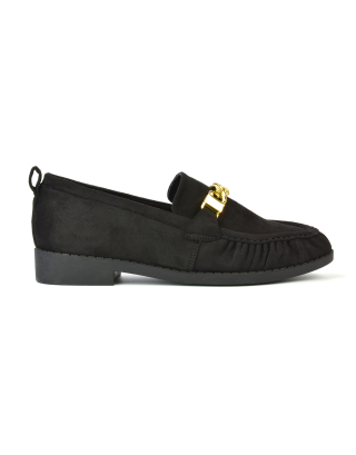 Heidi Chain Detail Ruched Loafer Back to School Shoes in Black Faux Suede