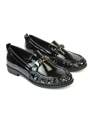 Heidi Chain Detail Ruched Loafer Back to School Shoes in Black Patent