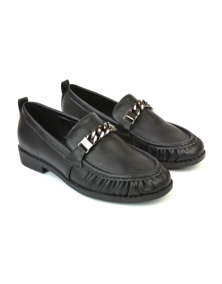 Heidi Chain Detail Ruched Loafer Back to School Shoes in Black Synthetic Leather-Black Synthetic Leather