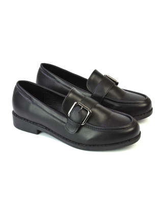 Kali Buckle Up School Shoes Loafers With Chunky Soles in Black Synthetic Leather