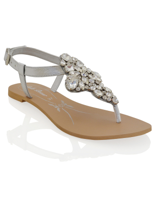 Coraline Ladies Toe Post T Bar Rhinestone Sparkly Diamante Flat Sandals in Silver